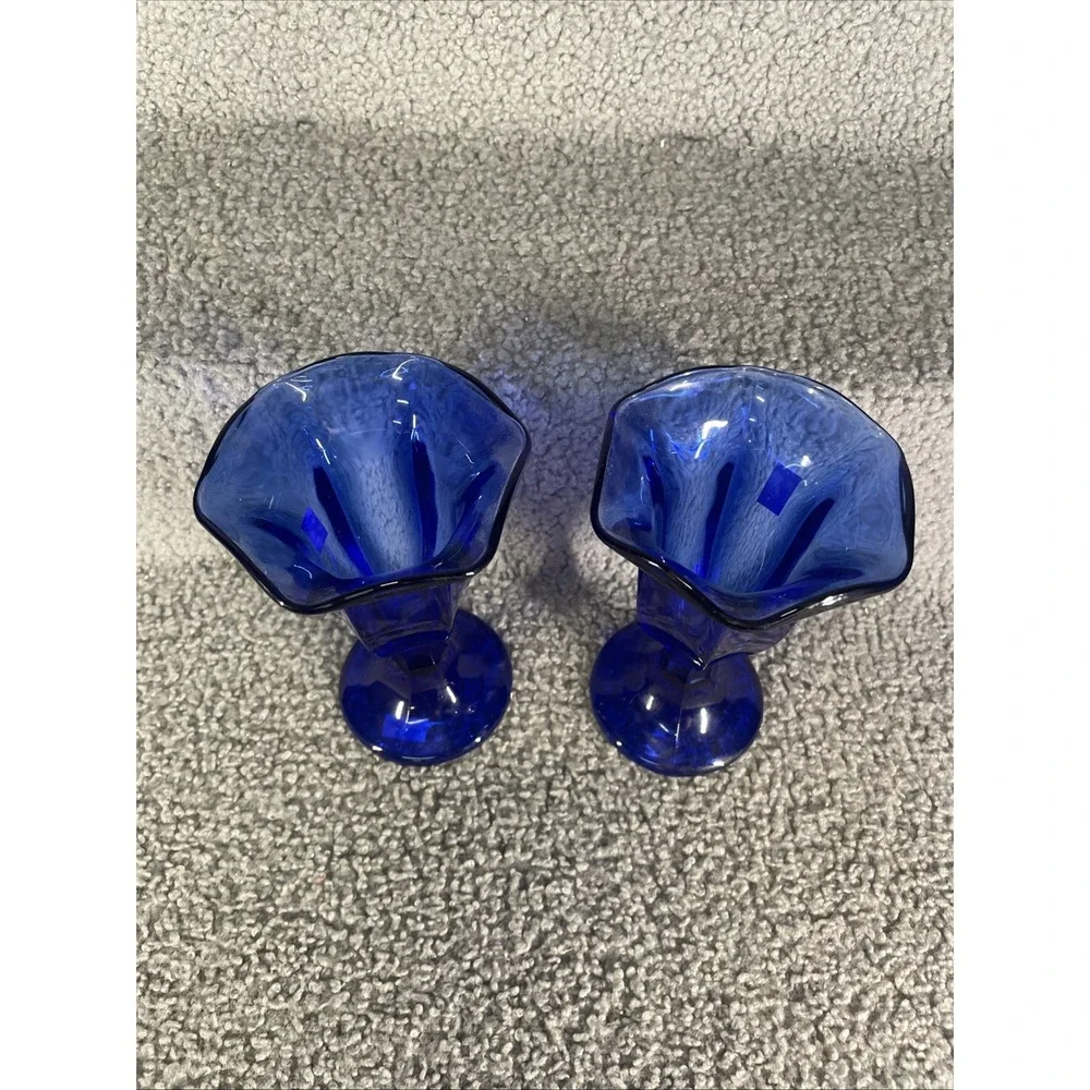 Cobalt Blue Glass Ice Cream Sundae Bowl/Cup Set, Vintage Candle Holder Pair, 6